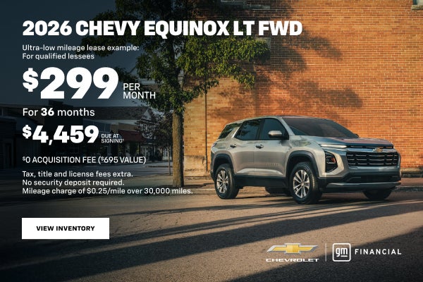 2026 Chevy Equinox LT FWD. Ultra-low mileage lease example for qualified lessees. $299 PER MONTH
...